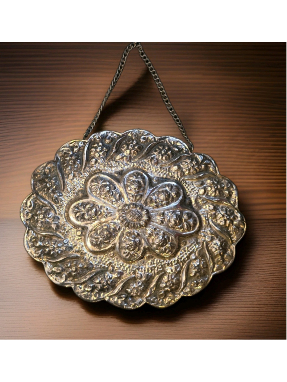 Turkish 900 Silver Repoussé Floral Hanging Wedding Mirror 6.5"x5" AVRA